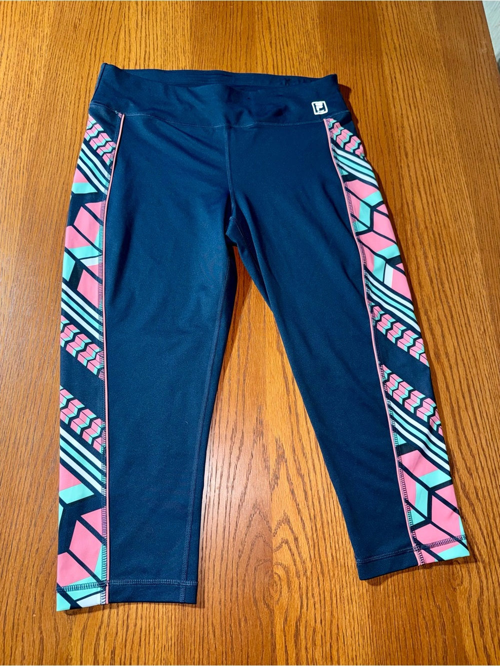 Fila Navy Capri Leggings with Pink & Teal Geometric Panels